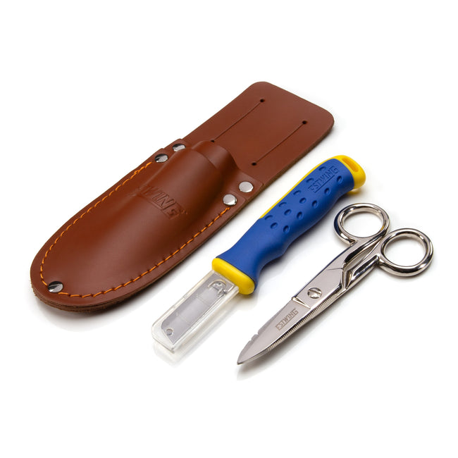 Serrated Blade Cable Splicing Scissors and Sheepsfoot Cable Splicing Knife Combo Set with Leather Belt Sheath